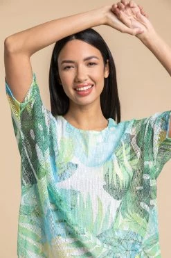 Roman Green Mesh Overlay Tropical Leaf Print Top -Roman Sales Shop unnamed file 6150