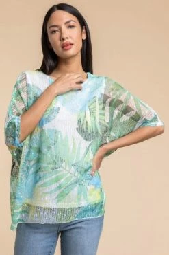 Roman Green Mesh Overlay Tropical Leaf Print Top -Roman Sales Shop unnamed file 6151