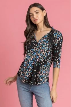 Roman Black Floral Tie Neck Detail Top