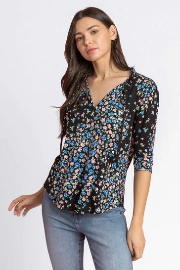 Roman Black Floral Tie Neck Detail Top 7 Roman Black Floral Tie Neck Detail Top - Image 5