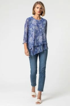 Roman Blue Abstract Metallic Plisse Asymmetric Top -Roman Sales Shop unnamed file 6165