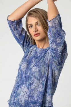 Roman Blue Abstract Metallic Plisse Asymmetric Top -Roman Sales Shop unnamed file 6166