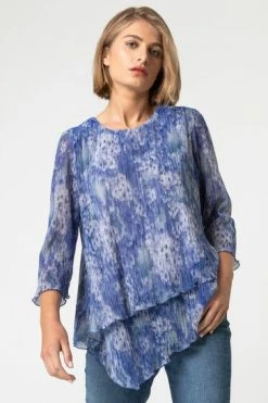 Roman Blue Abstract Metallic Plisse Asymmetric Top -Roman Sales Shop unnamed file 6167