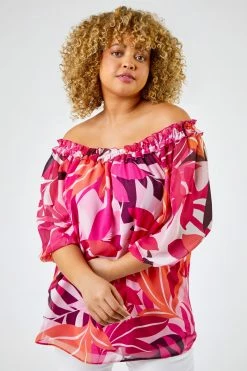 Roman Magenta Pink Curve Tropical Leaf Print Frill Detail Bardot Top