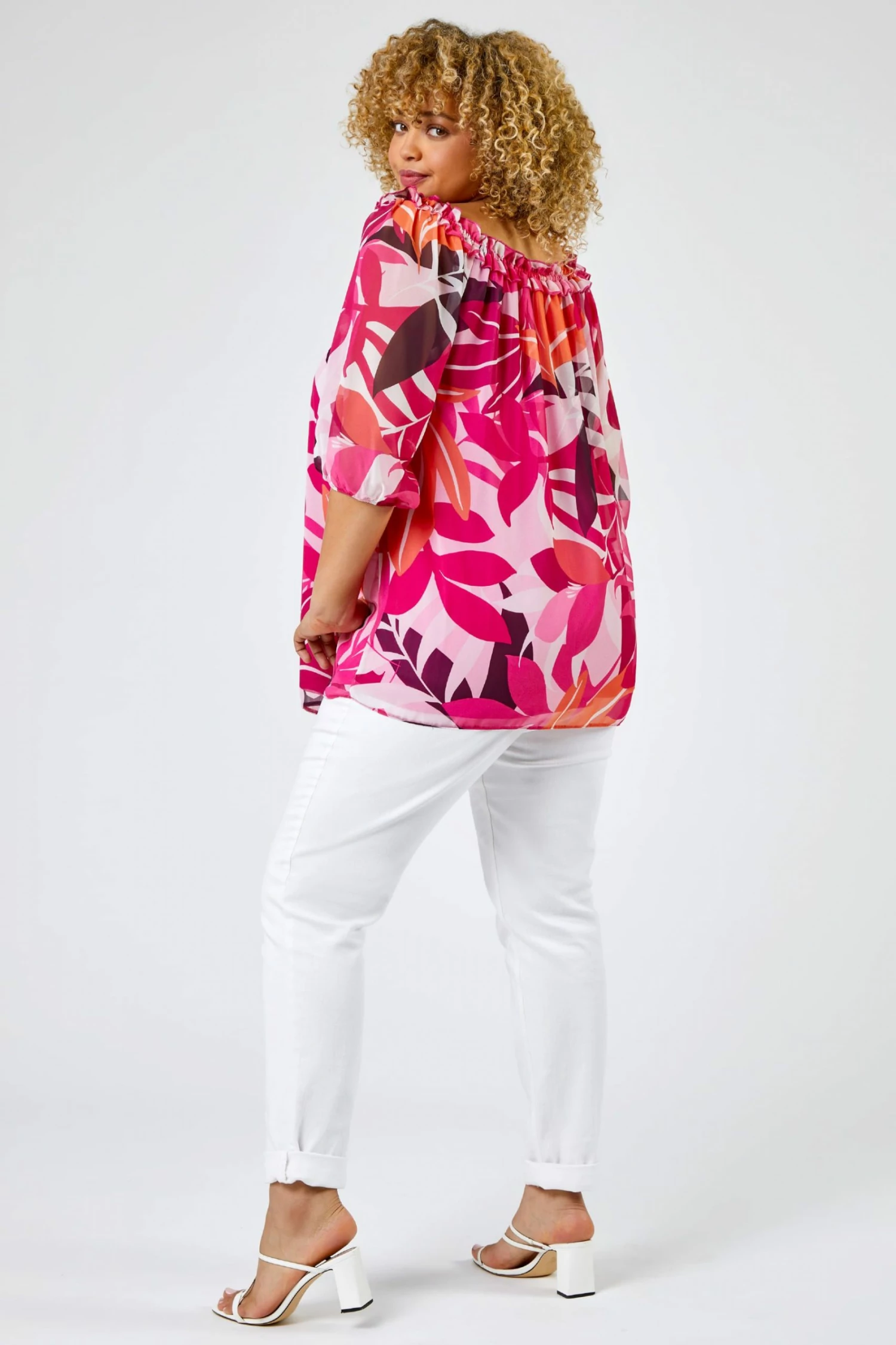 Roman Magenta Pink Curve Tropical Leaf Print Frill Detail Bardot Top 4 Roman Magenta Pink Curve Tropical Leaf Print Frill Detail Bardot Top - Image 2