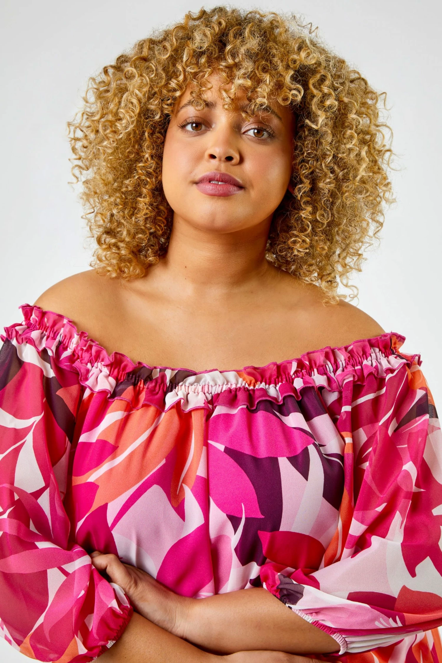 Roman Magenta Pink Curve Tropical Leaf Print Frill Detail Bardot Top 6 Roman Magenta Pink Curve Tropical Leaf Print Frill Detail Bardot Top - Image 4