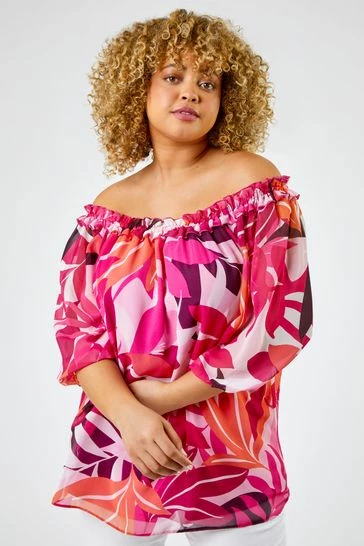 Roman Magenta Pink Curve Tropical Leaf Print Frill Detail Bardot Top 7 Roman Magenta Pink Curve Tropical Leaf Print Frill Detail Bardot Top - Image 5
