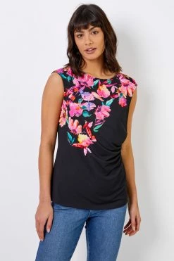 Roman Black Floral Border Print Scuba Top