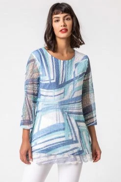 Roman Blue Lace Trim Overlay Abstract Print Top