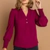Roman Purple Plain Buttoned Shirred Cuff Top