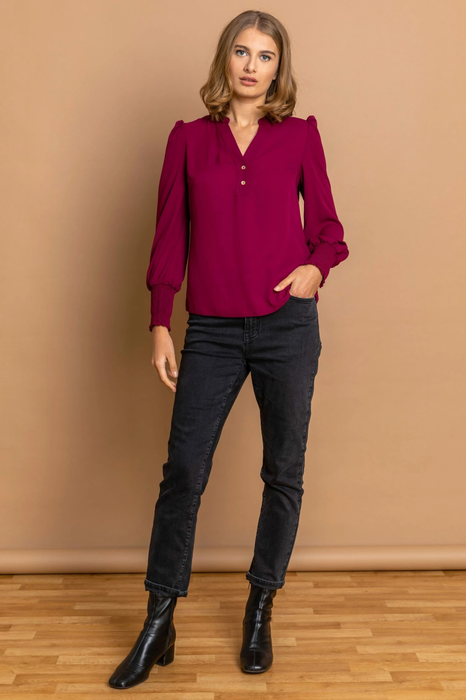 Roman Purple Plain Buttoned Shirred Cuff Top 4 Roman Purple Plain Buttoned Shirred Cuff Top - Image 2