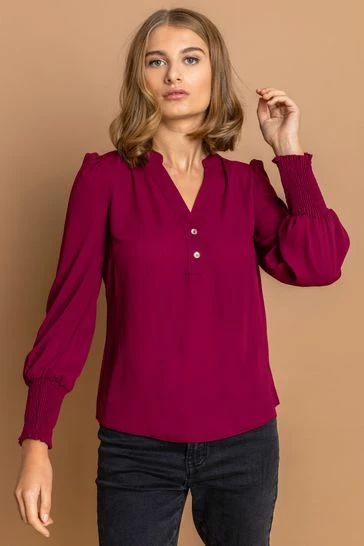 Roman Purple Plain Buttoned Shirred Cuff Top 7 Roman Purple Plain Buttoned Shirred Cuff Top - Image 5