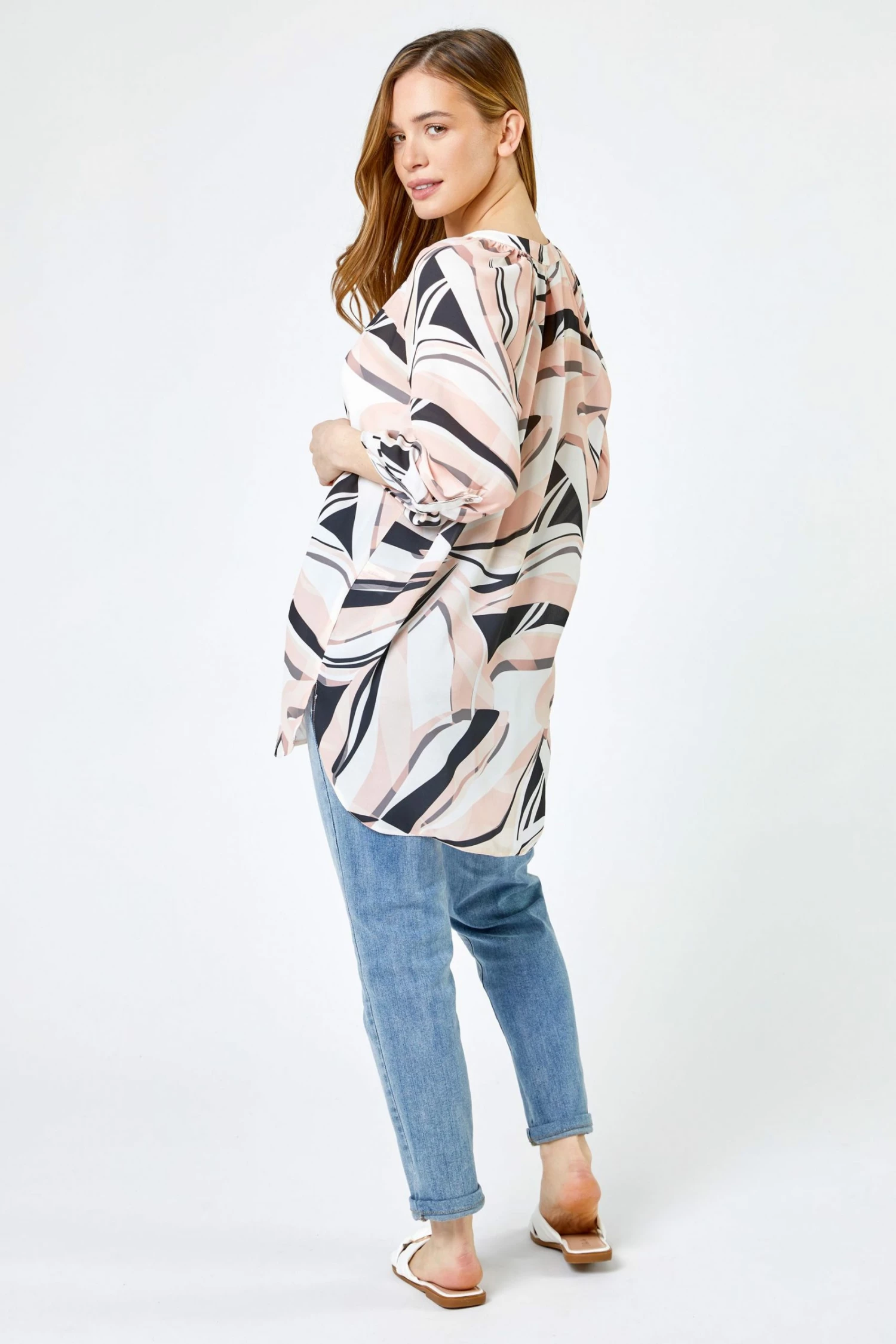 Roman Pink Petite Longline Button Detail Abstract Top 4 Roman Pink Petite Longline Button Detail Abstract Top - Image 2