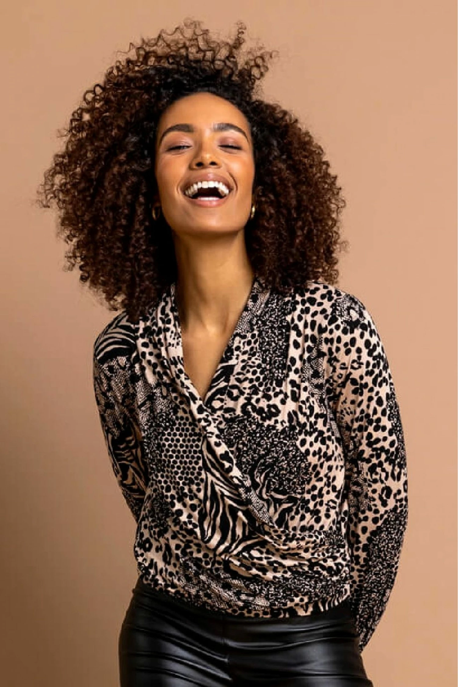 Roman Brown Animal Foil Print Top 3 Roman Brown Animal Foil Print Top