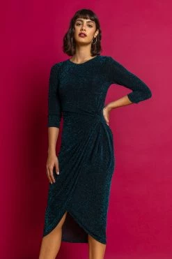 Roman Green Twist Front Sparkle Fitted Dress