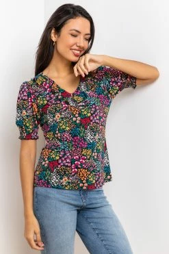 Roman Pink Floral Print Ruffle Trim Top