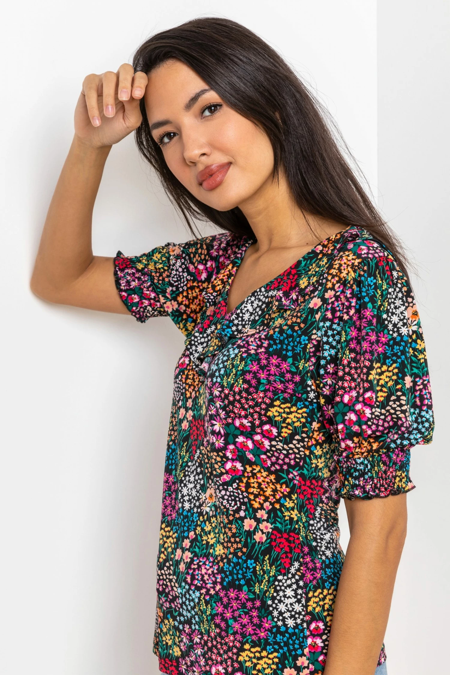 Roman Pink Floral Print Ruffle Trim Top 6 Roman Pink Floral Print Ruffle Trim Top - Image 4