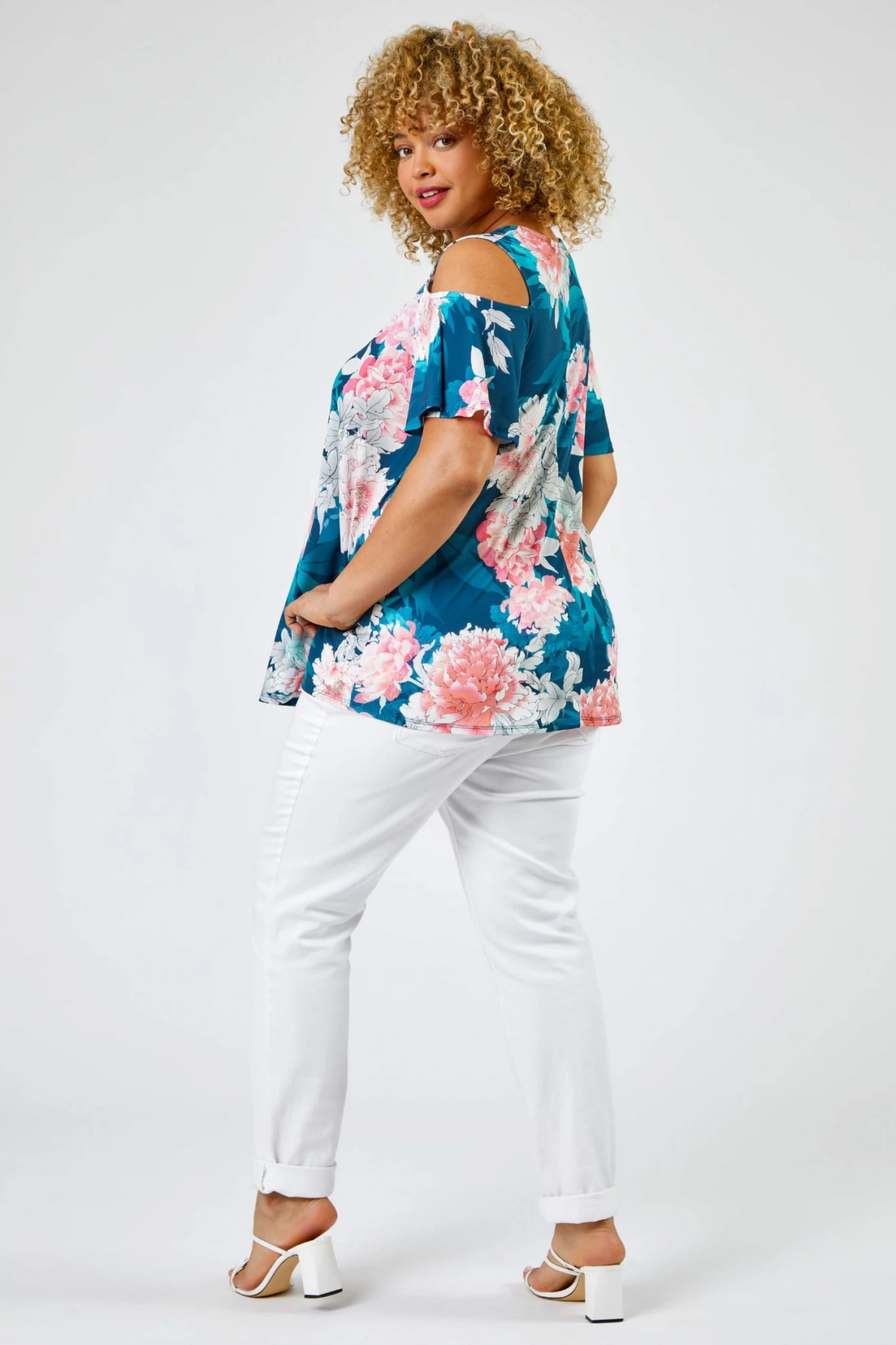 Roman Blue & Pink Curve Floral Print Cold Shoulder Jersey Top 4 Roman Blue & Pink Curve Floral Print Cold Shoulder Jersey Top - Image 2