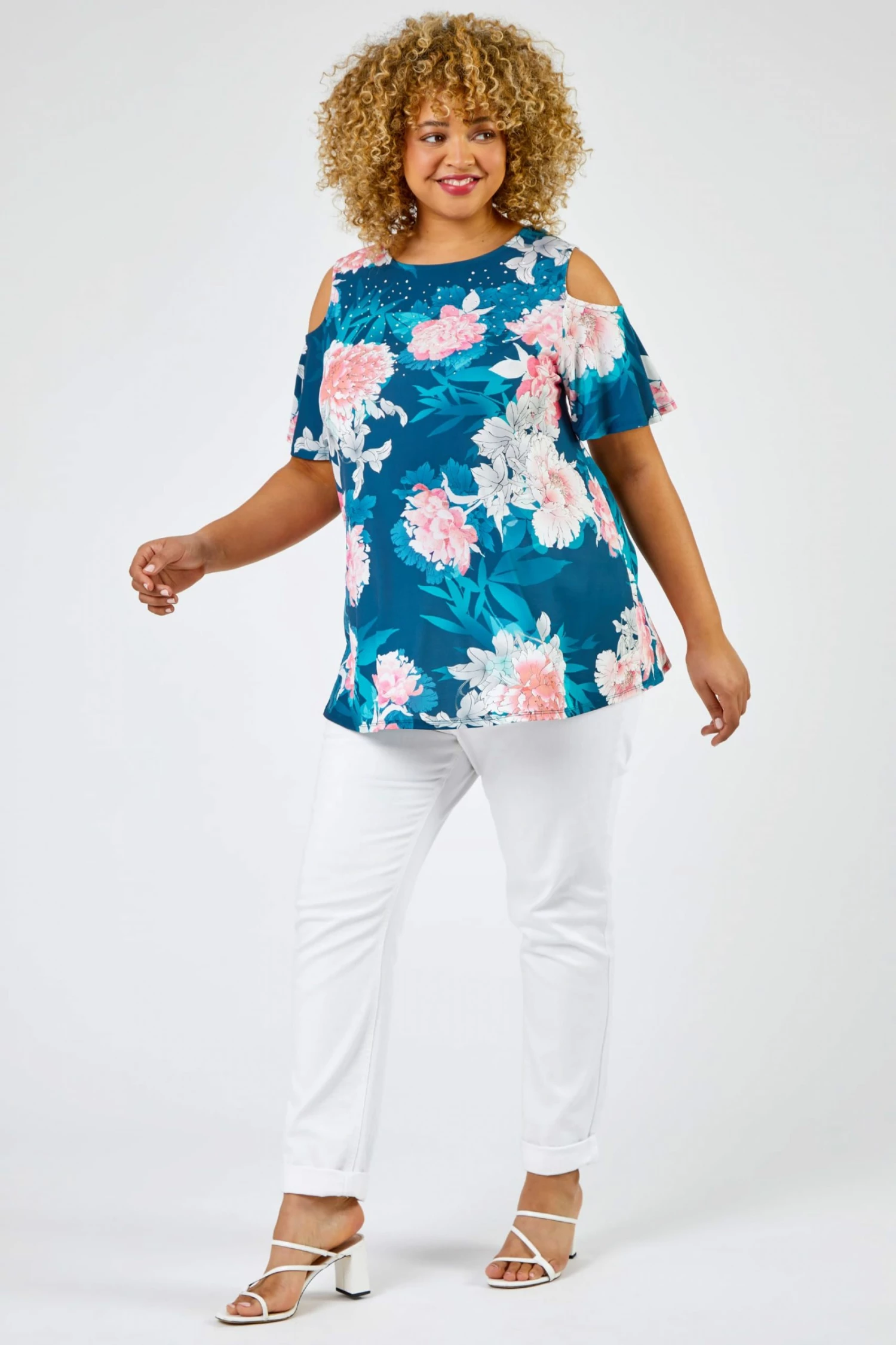 Roman Blue & Pink Curve Floral Print Cold Shoulder Jersey Top 5 Roman Blue & Pink Curve Floral Print Cold Shoulder Jersey Top - Image 3