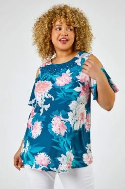 Roman Blue & Pink Curve Floral Print Cold Shoulder Jersey Top 11 Roman Blue & Pink Curve Floral Print Cold Shoulder Jersey Top -Roman Sales Shop unnamed file 6221