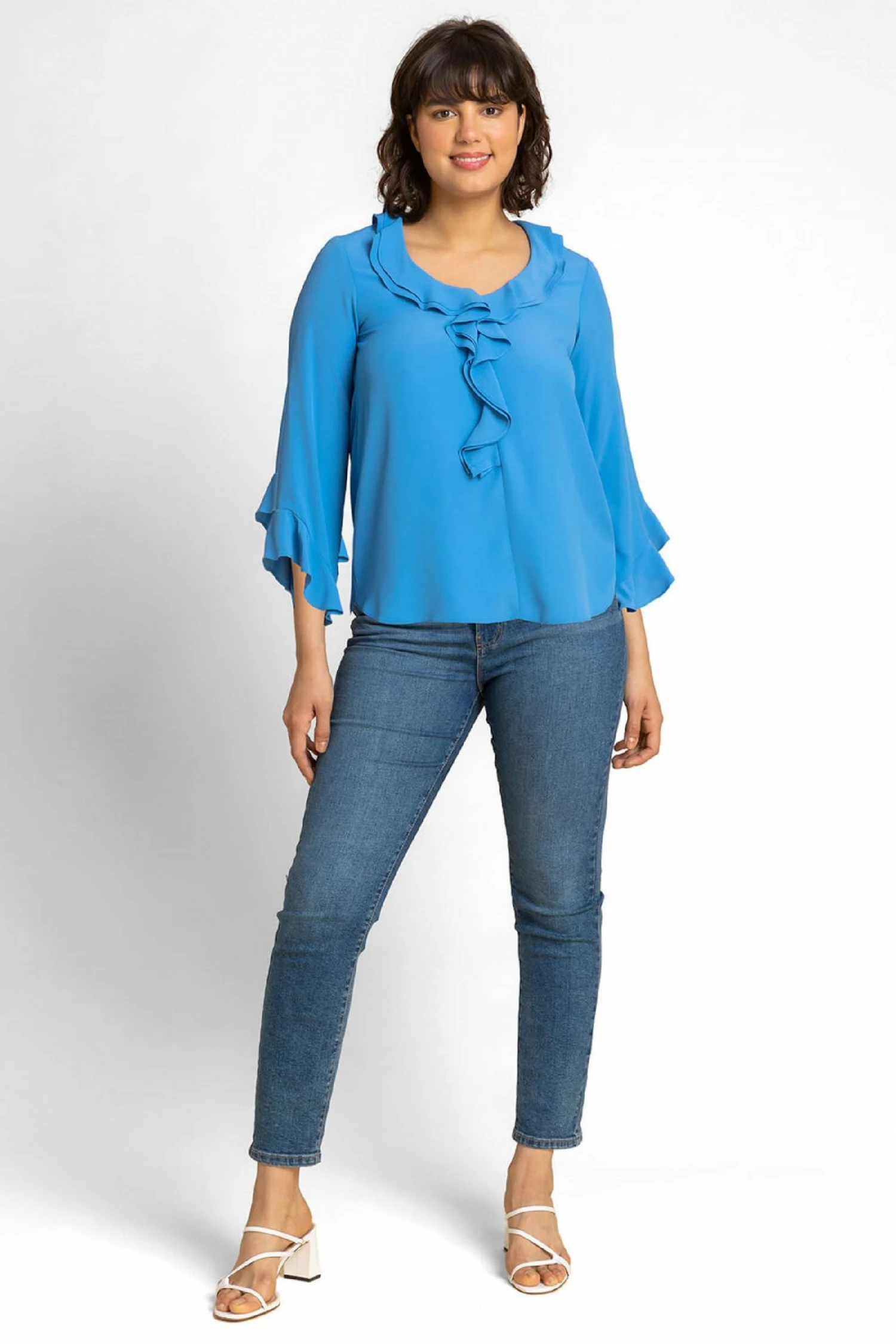 Roman Blue Flared Chiffon Frill Detail Blouse 5 Roman Blue Flared Chiffon Frill Detail Blouse - Image 3