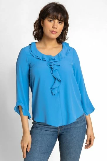 Roman Blue Flared Chiffon Frill Detail Blouse 7 Roman Blue Flared Chiffon Frill Detail Blouse - Image 5