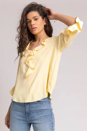 Roman Blue Flared Chiffon Frill Detail Blouse 8 Roman Blue Flared Chiffon Frill Detail Blouse - Image 6