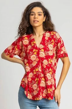 Roman Red Floral Print Textured V-Neck Top