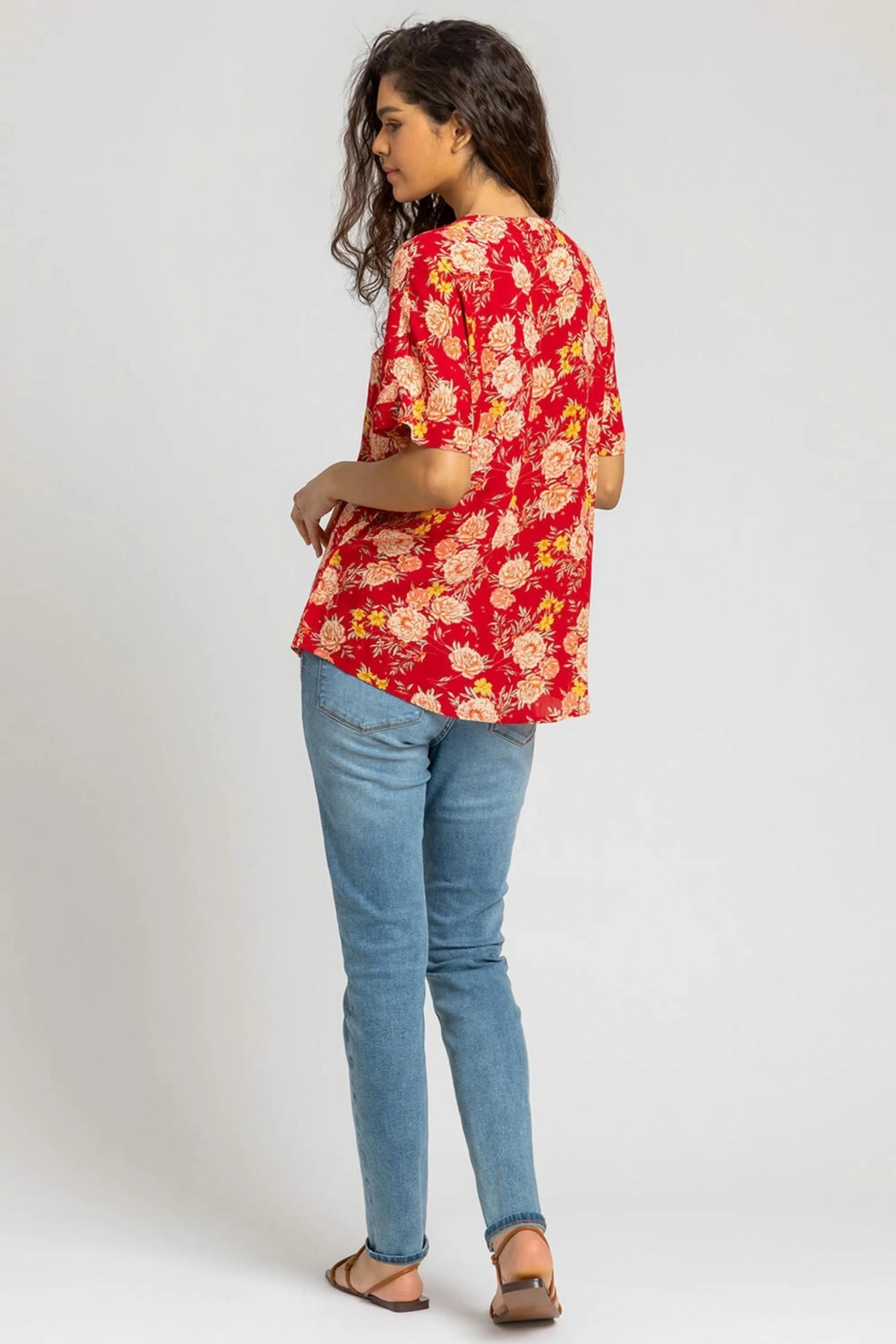 Roman Red Floral Print Textured V-Neck Top 4 Roman Red Floral Print Textured V-Neck Top - Image 2