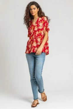 Roman Red Floral Print Textured V-Neck Top 10 Roman Red Floral Print Textured V-Neck Top -Roman Sales Shop unnamed file 6239