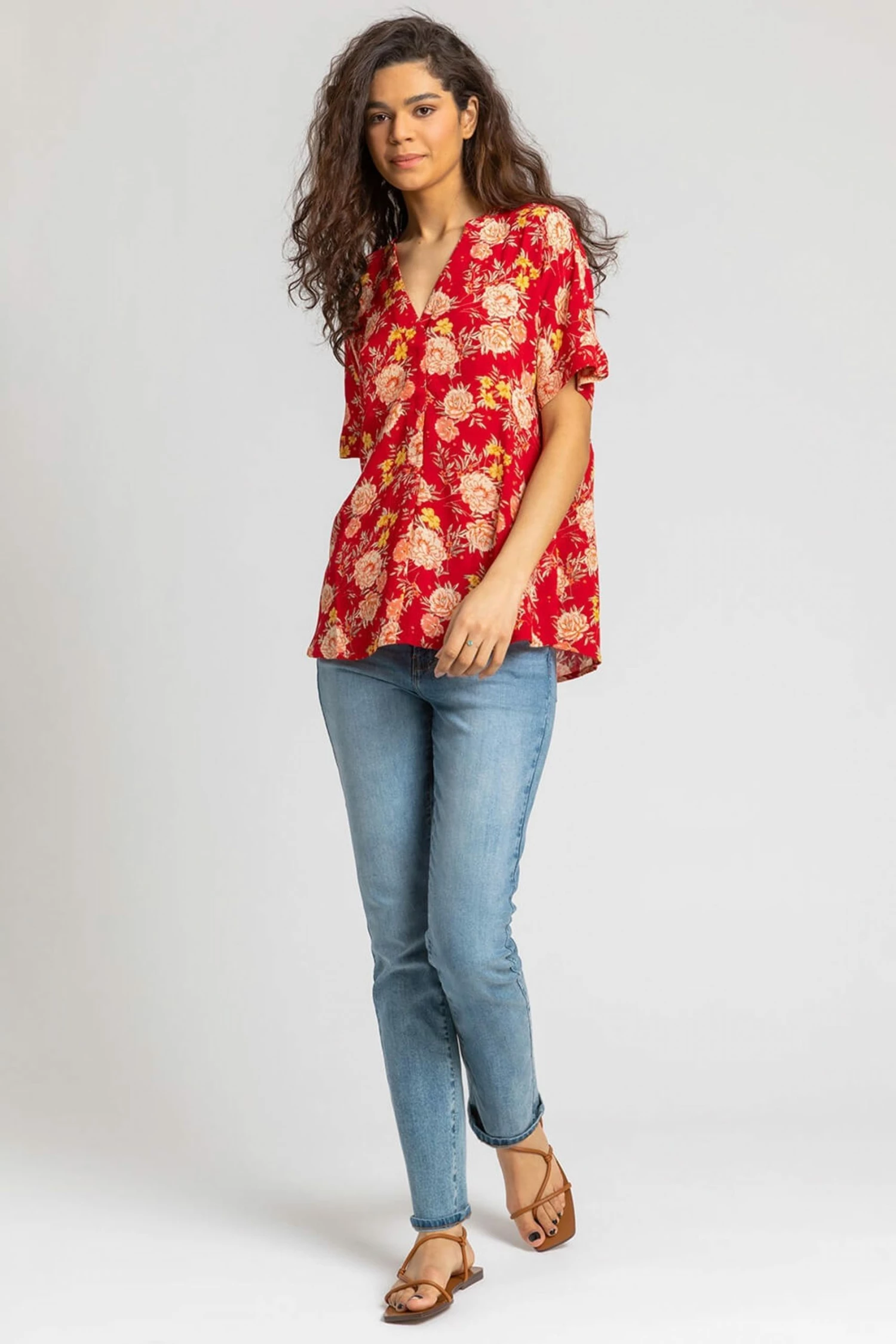 Roman Red Floral Print Textured V-Neck Top 5 Roman Red Floral Print Textured V-Neck Top - Image 3