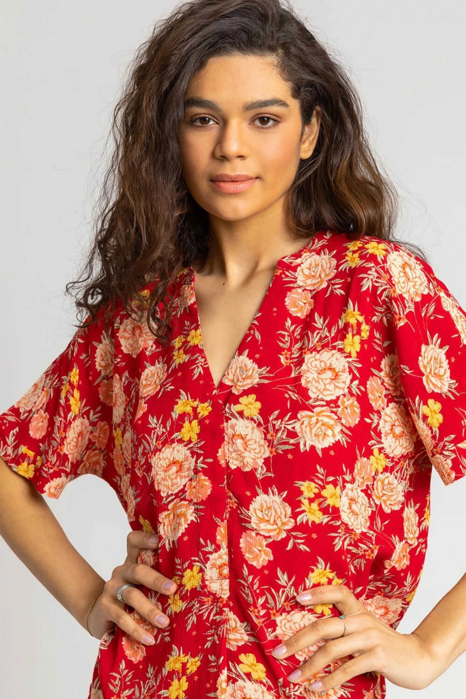 Roman Red Floral Print Textured V-Neck Top 6 Roman Red Floral Print Textured V-Neck Top - Image 4