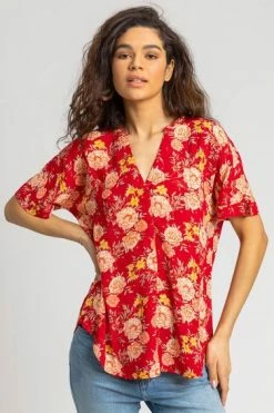 Roman Red Floral Print Textured V-Neck Top 13 Roman Red Floral Print Textured V-Neck Top -Roman Sales Shop unnamed file 6242