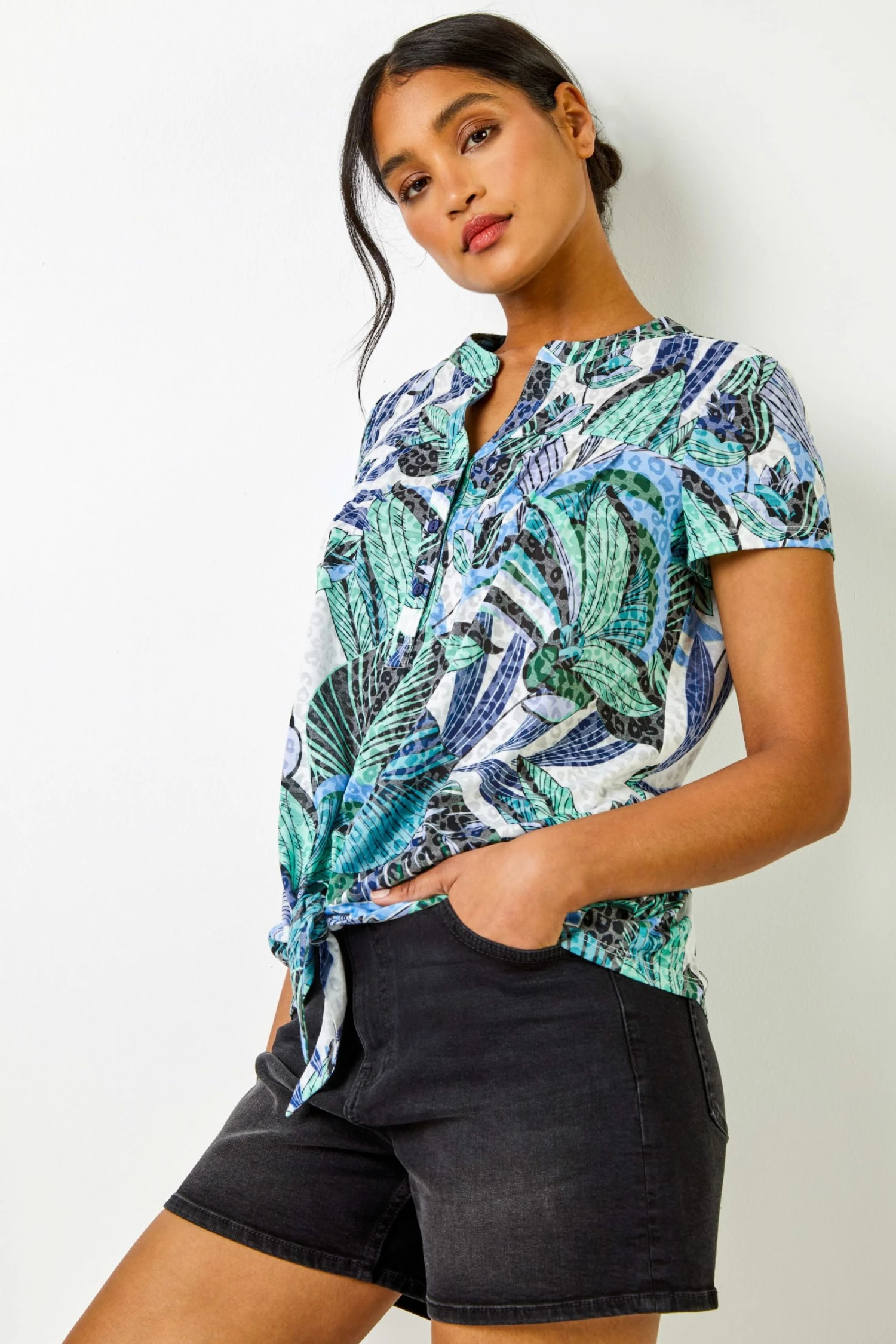 Roman Green & Blue Burnout Animal Tropical Print Tie Detail Top 3 Roman Green & Blue Burnout Animal Tropical Print Tie Detail Top