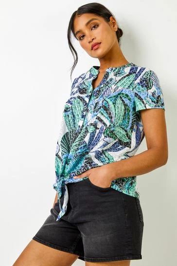 Roman Green & Blue Burnout Animal Tropical Print Tie Detail Top 8 Roman Green & Blue Burnout Animal Tropical Print Tie Detail Top - Image 6