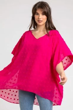 Roman Pink Curve Textured Spot Batwing Top