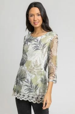 Roman Green Lace Trim Overlay Print Top
