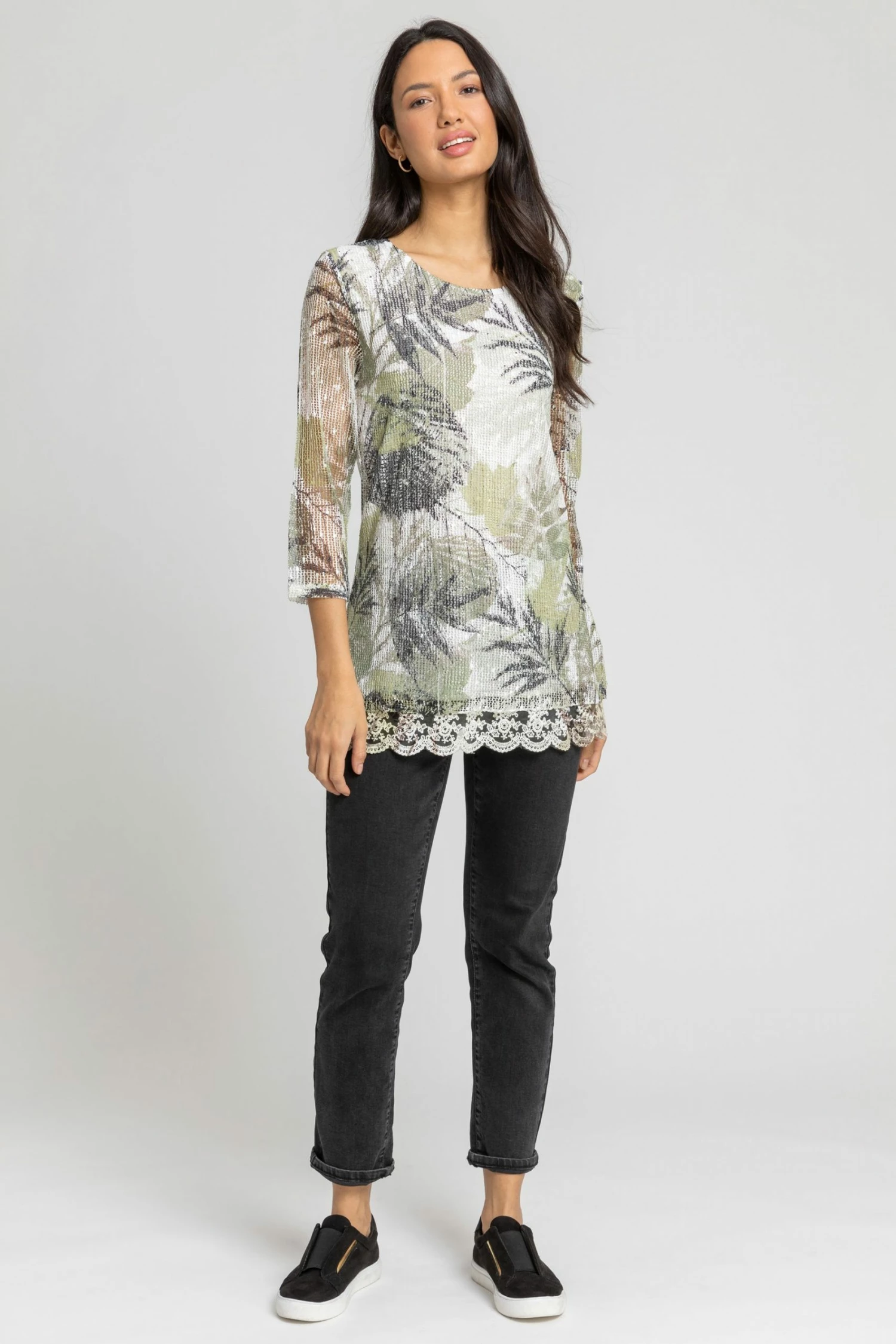 Roman Green Lace Trim Overlay Print Top 5 Roman Green Lace Trim Overlay Print Top - Image 3