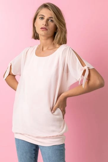 Roman Pink Chiffon Layered Tie Detail Top With Necklace 7 Roman Pink Chiffon Layered Tie Detail Top With Necklace - Image 5