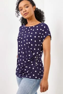 Roman Blue Petite Spot Print Button Detail Top