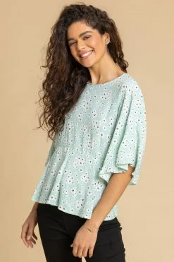 Roman Green Ditsy Floral Print Peplum Top