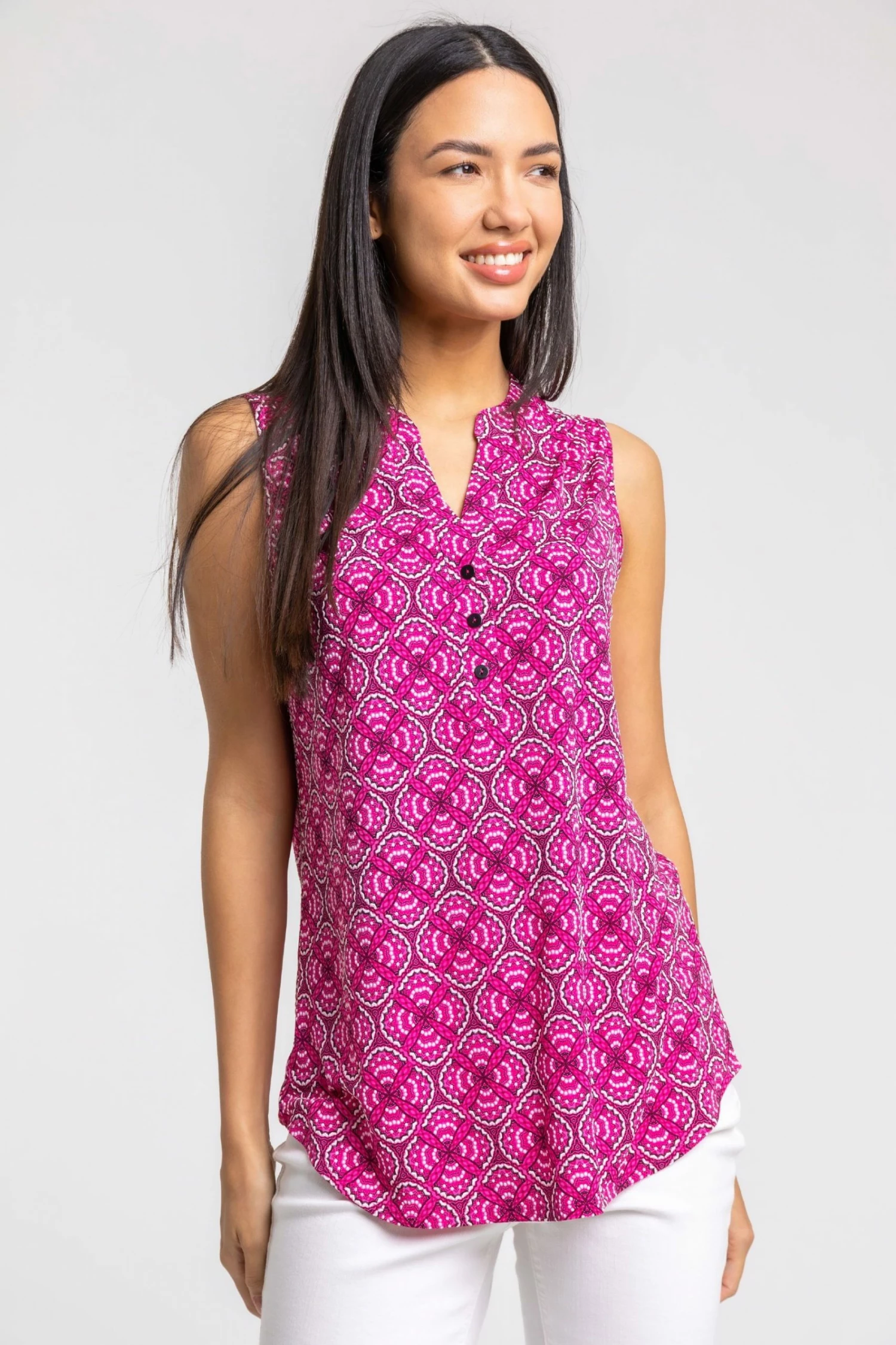 Roman Pink Abstract Puff Print Notch Neck Top 3 Roman Pink Abstract Puff Print Notch Neck Top