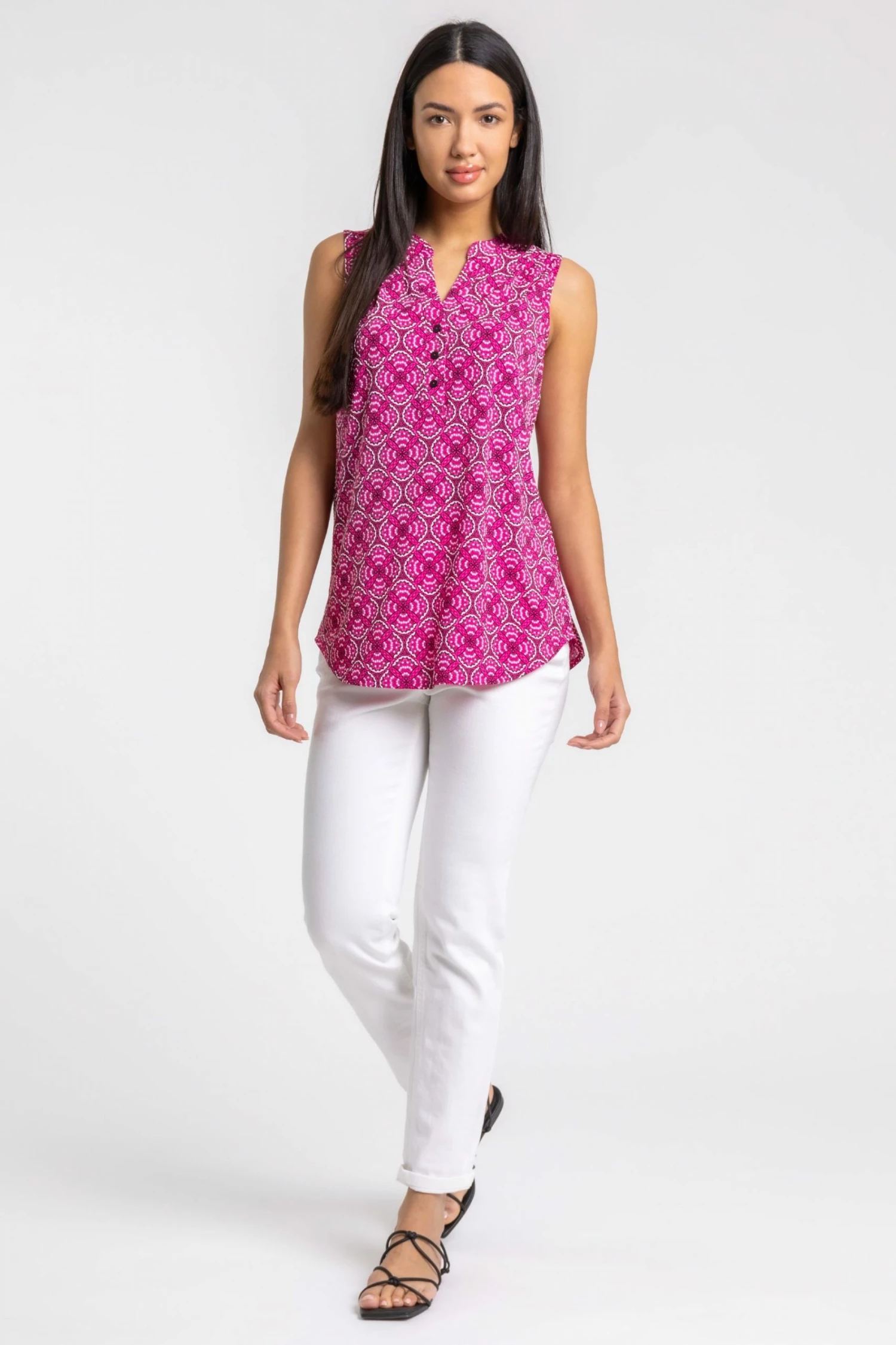 Roman Pink Abstract Puff Print Notch Neck Top 4 Roman Pink Abstract Puff Print Notch Neck Top - Image 2