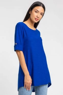 Roman Blue Textured Split Back Detail Longline Top