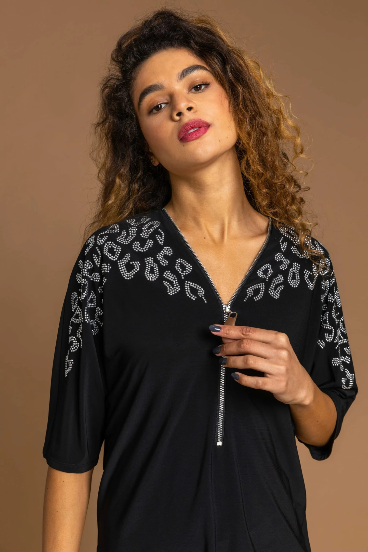 Roman Black Animal Hotfix Embellished Zip Top 6 Roman Black Animal Hotfix Embellished Zip Top - Image 4