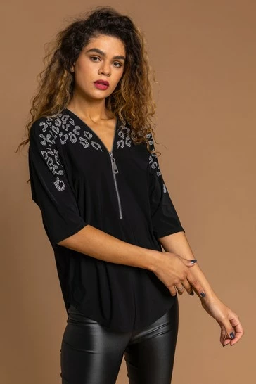 Roman Black Animal Hotfix Embellished Zip Top 7 Roman Black Animal Hotfix Embellished Zip Top - Image 5