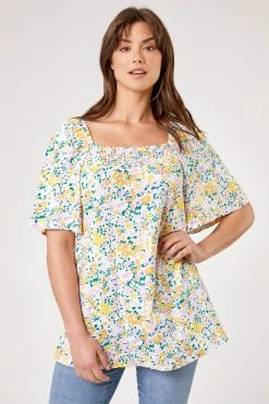 Roman White Curve Ditsy Floral Print Longline Top