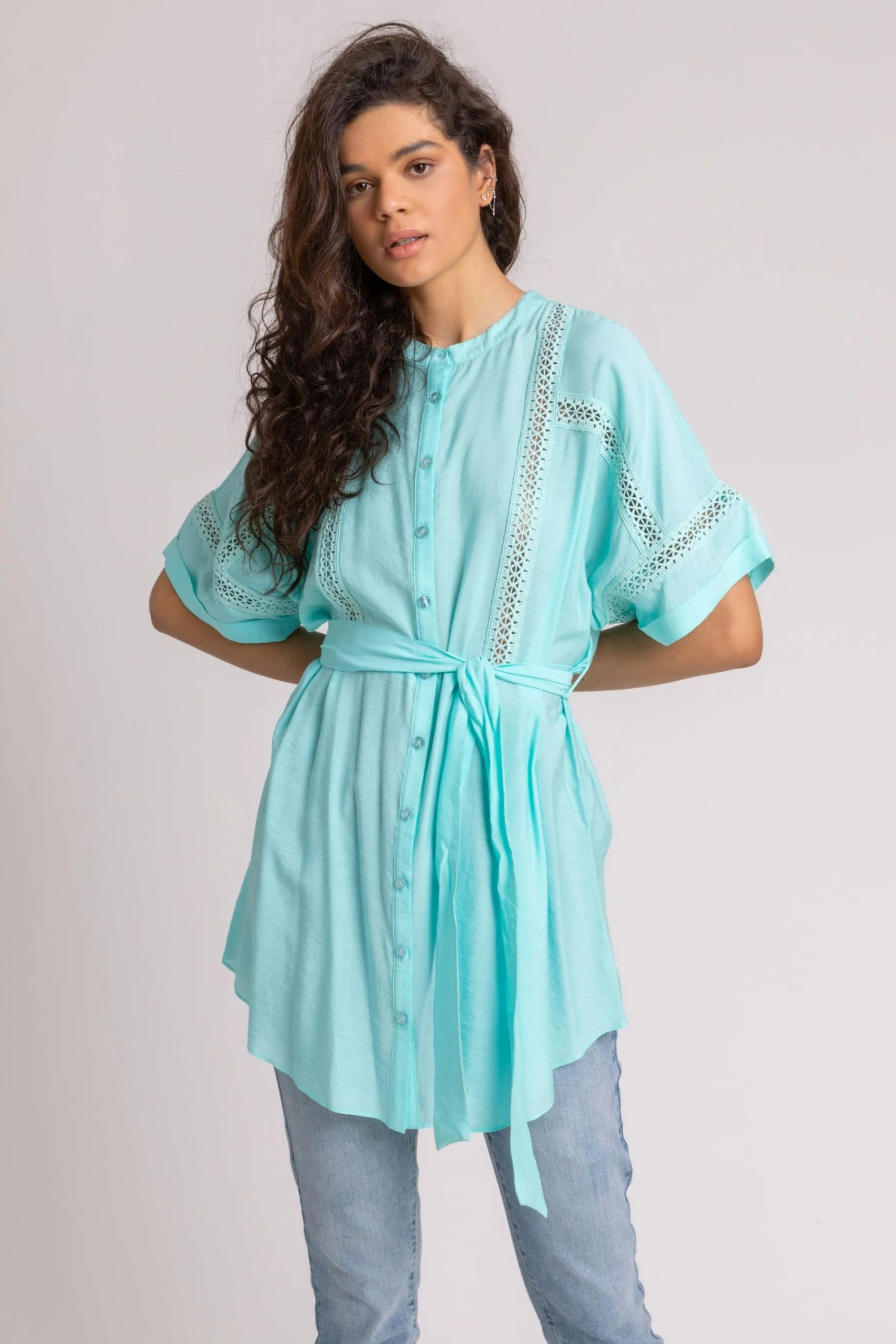 Roman Blue Belted Longline Ladder Trim Blouse 3 Roman Blue Belted Longline Ladder Trim Blouse