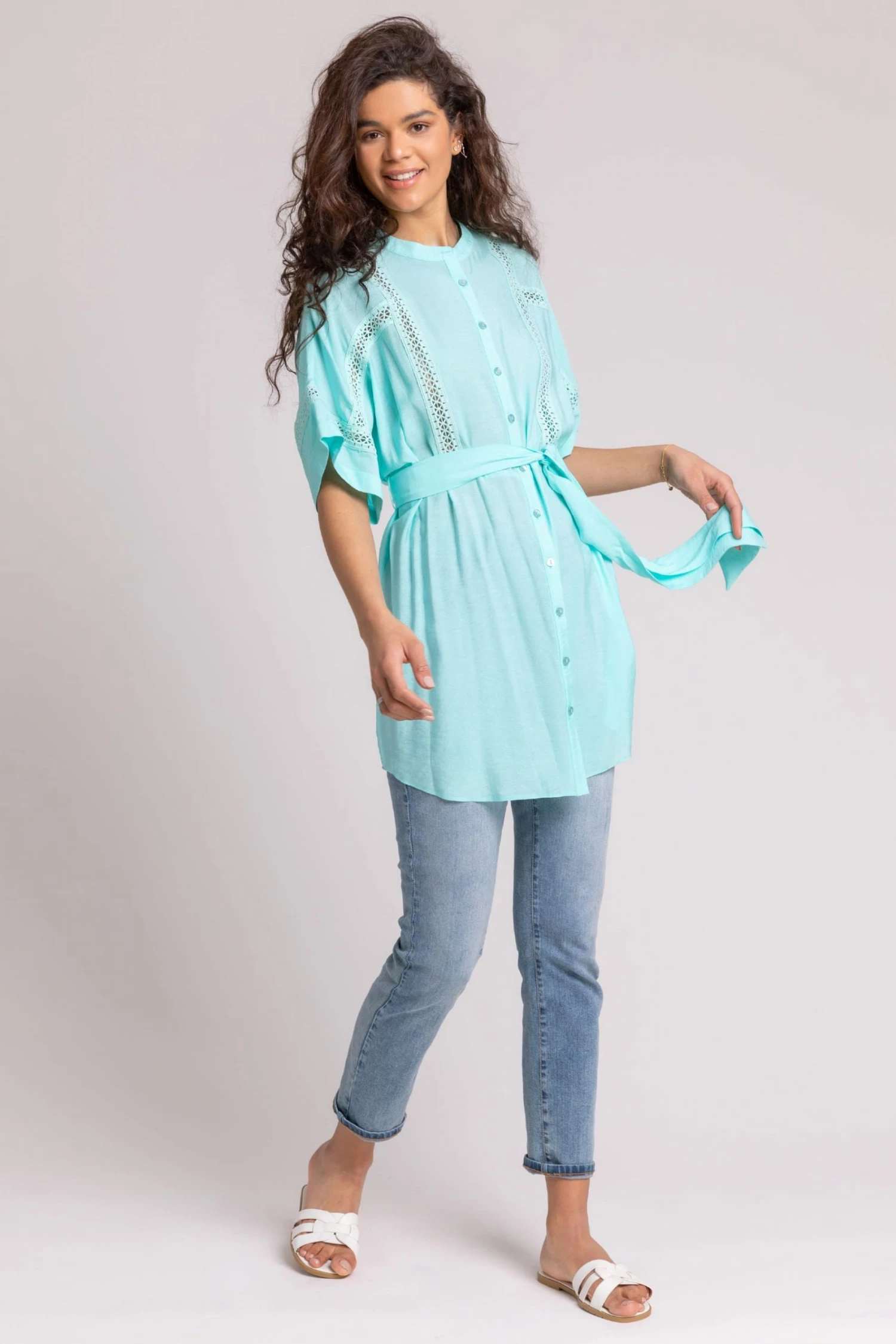 Roman Blue Belted Longline Ladder Trim Blouse 4 Roman Blue Belted Longline Ladder Trim Blouse - Image 2