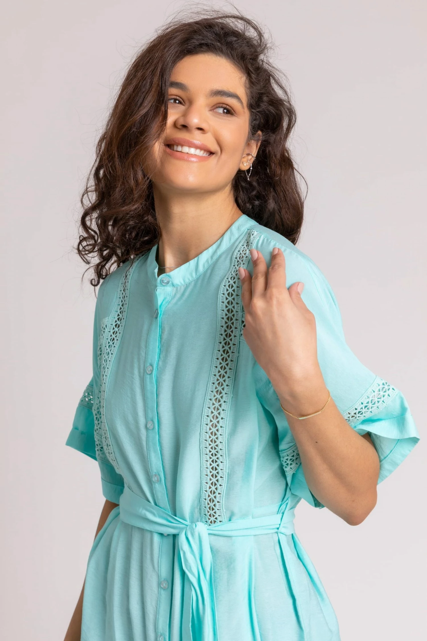 Roman Blue Belted Longline Ladder Trim Blouse 6 Roman Blue Belted Longline Ladder Trim Blouse - Image 4